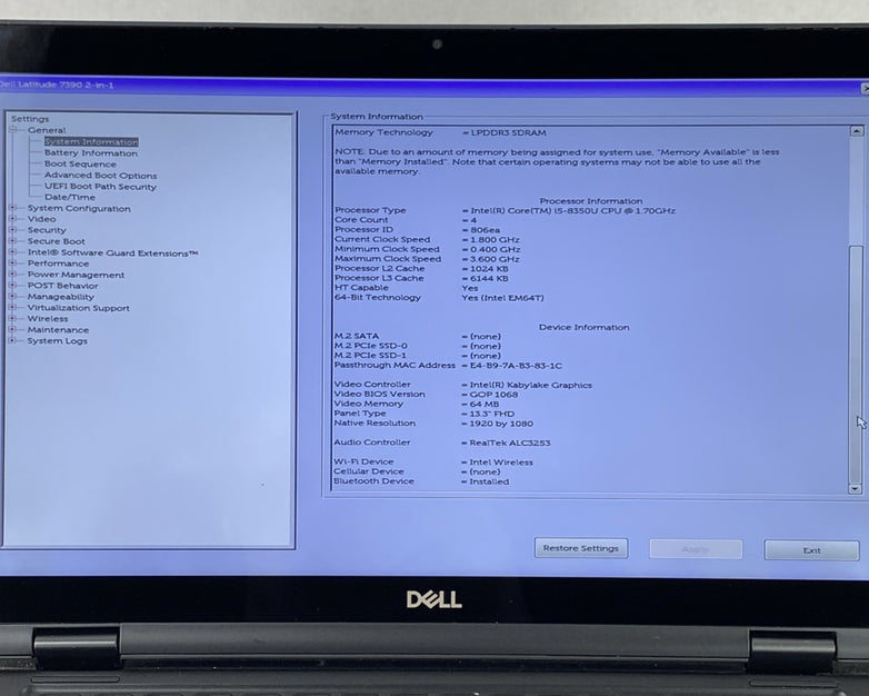 Dell Latitude 7390 2 in 1 13.3" Touch i5-8350U 1.70 GHz 8 GB RAM No HDD No OS