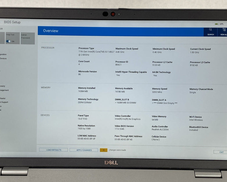 Dell Latitude 5520 Intel Core i5-1145G7 2.60 GHz 16 GB RAM 15.6" No SSD No OS