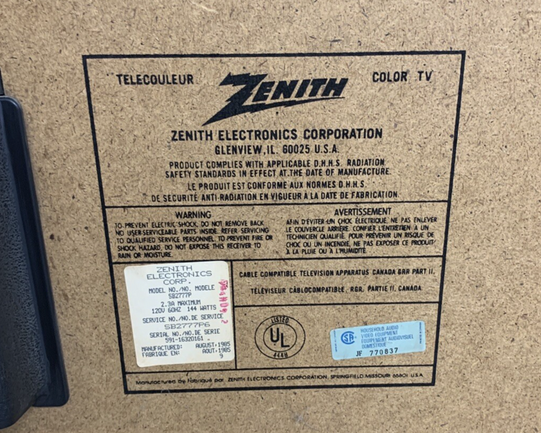 Zenith TV SB2777P 1985 Advanced System 3 Color Television Built in Speakers