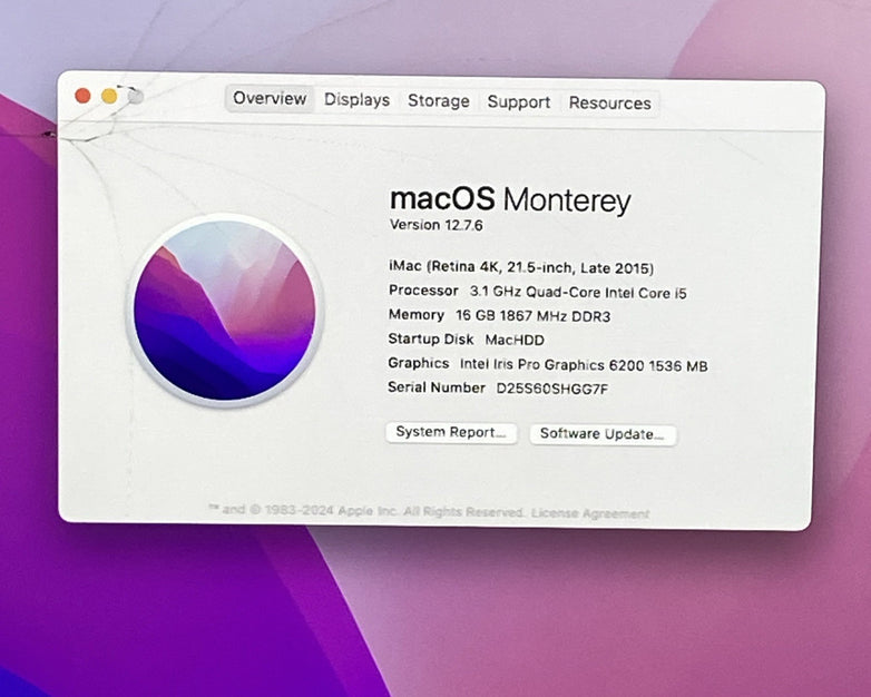 Apple A1418 iMac Retina 4k 21.5" 2015 3.1GHz i5 16GB RAM 1TB HDD Fusion -Cracked
