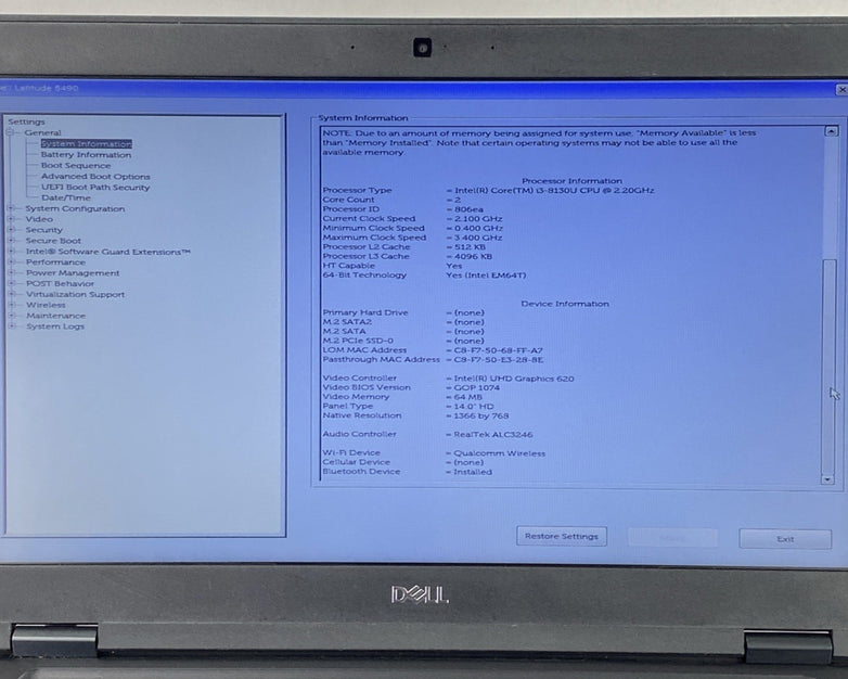 Dell Latitude 5490 Core i3-8130U 2.20 GHz 8 GB RAM 14" No HDD No OS