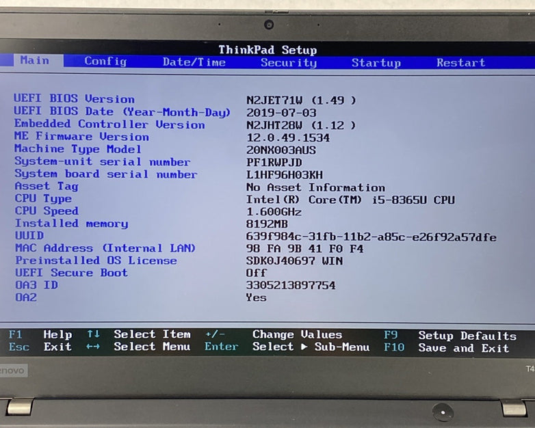 Lenovo ThinkPad T490s Core i5-8365U 1.60 GHz 8GB RAM 14" No Battery No HDD No OS