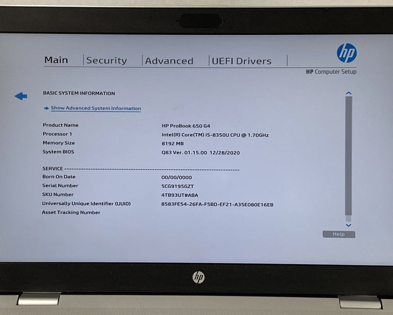 HP ProBook 650 G4 Intel Core i5-8350U 1.70 GHz 8 GB RAM 15.6" No HDD No OS