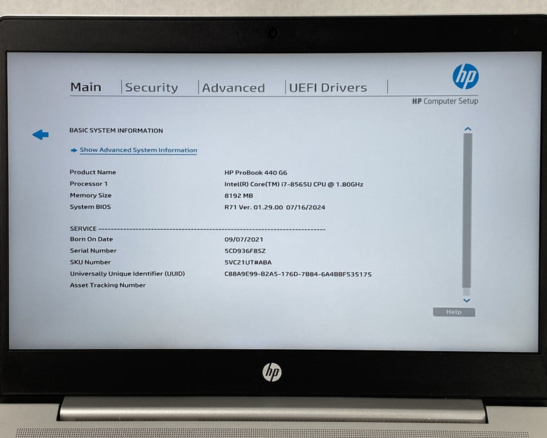 HP ProBook 440 G6 Intel Core i7-8565U 1.80 GHz 8 GB RAM 14.0" No HDD No OS