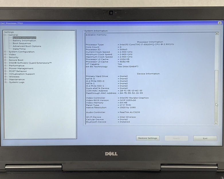 Dell Precision 7710 Intel Core i7-6920HQ 2.9GHz 16GB RAM 17.3" No HDD No OS