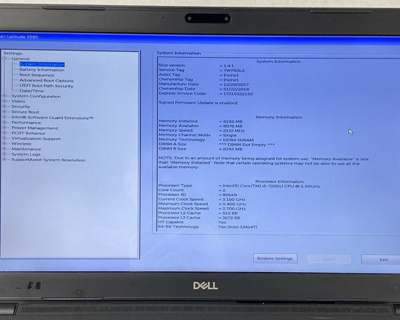 Dell Latitude 3580 Touch Core i5-7200U 2.50GHz 8GB RAM 15.6" No HDD No OS No OS