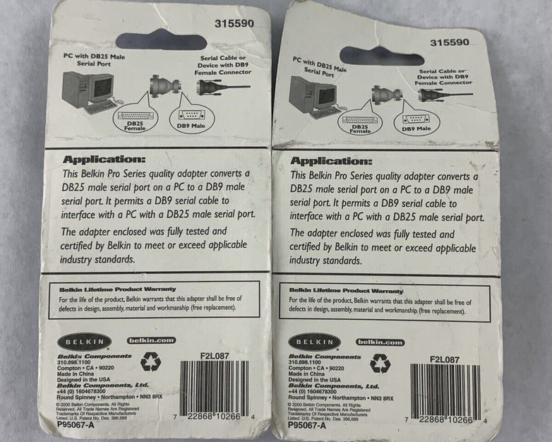 Lot of 2 New Belkin F2L087 Serial Port Adaptor DB9 Male / DB25 Female