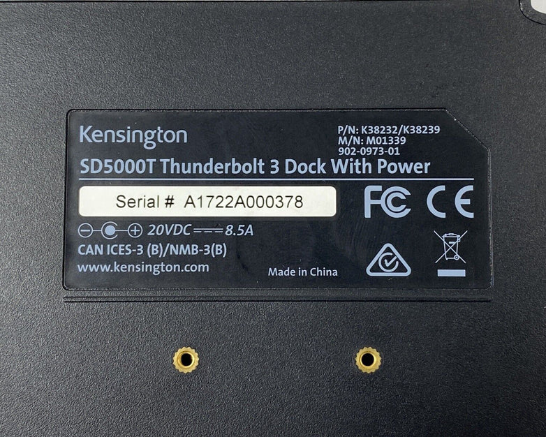 Kensington SD5000T Thunderbolt 3 Docking Station Power Tested No AC Adapter
