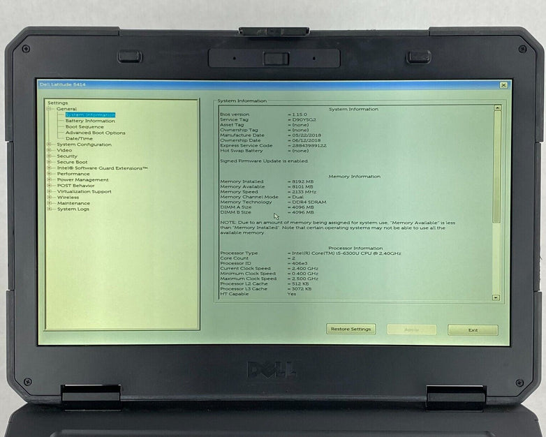Dell Latitude 14 Rugged 5414 i5-6300U 2.40GHz 8GB RAM 14.0" No Battery No HDD/OS