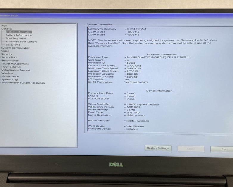 Dell Precision 5510 Intel Core i7-6820HQ 2.70 GHz 8 GB RAM 15.6" No HDD No OS