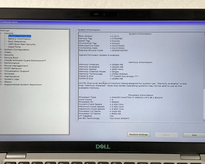 Dell Latitude 5410 Core i7-10610U 1.8GHz 16GB RAM 14.0" No Battery No SSD No OS