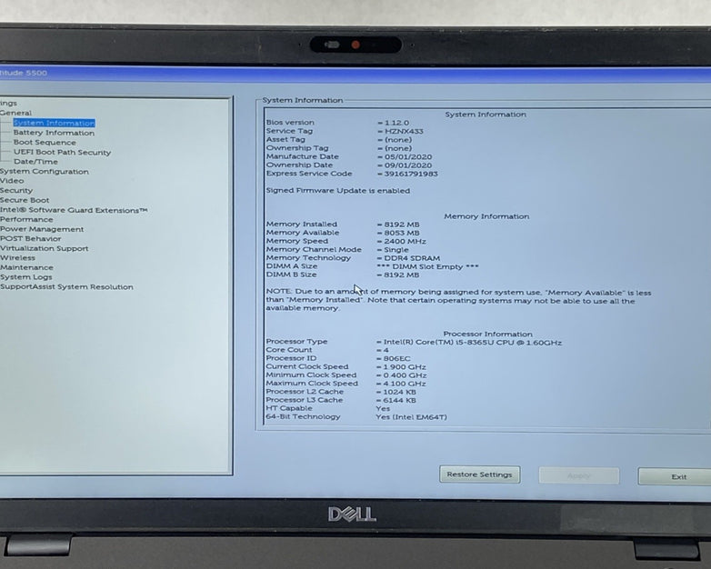 Dell Latitude 5500 Intel Core i5-8365U 1.60 GHz 8GB RAM 15.6" No HDD No OS