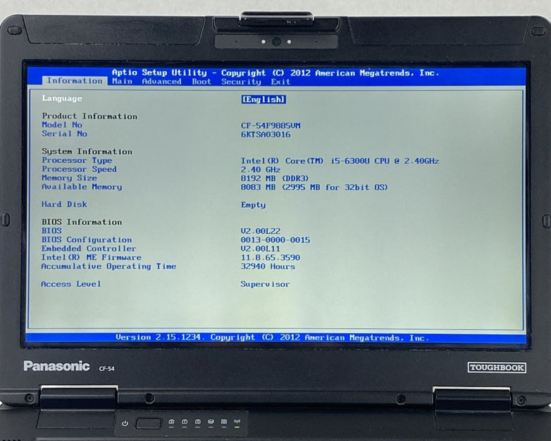 Panasonic Toughbook CF-54 14" Touch i5-6300U 2.4GHz 8GB RAM No Battery No HDD/OS