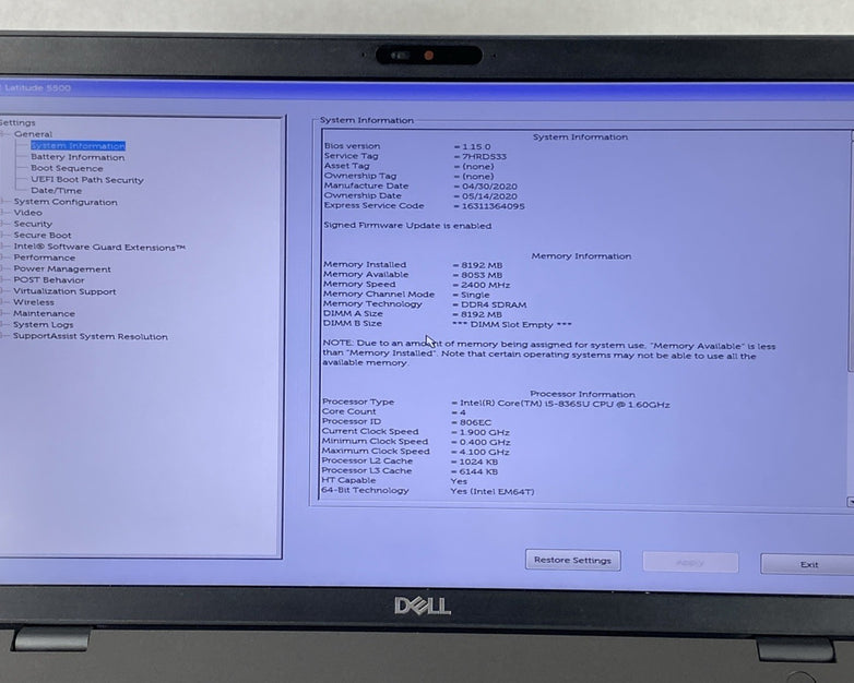 Dell Latitude 5500 Intel Core i5-8365U 1.60 GHz 8 GB RAM 15.6" No HDD No OS