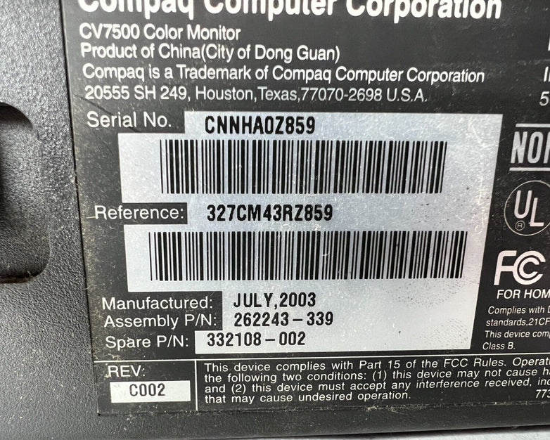 HP Compaq CV7500 17" Color Monitor 262243-339 1024x768 @85Hz NO STAND