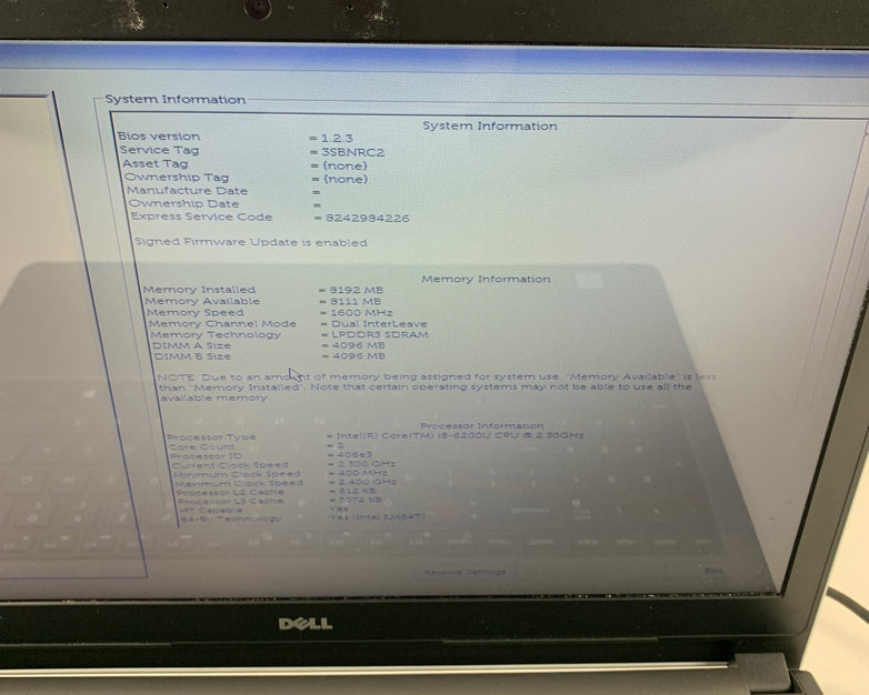 Dell Inspiron Laptop 5559 i5-6200U 2.3 GHz 8 GB Ram No OS No HDD No Batt No AC