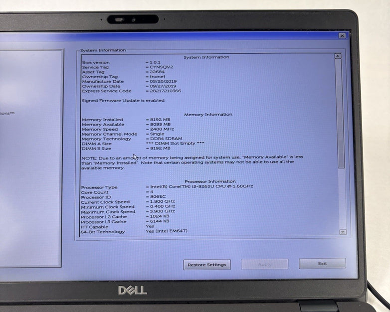 Dell Latitude 5500 15.6" Intel i5-8365U 1.6 GHz 8 GB Ram No OS No HDD No AC