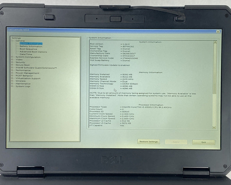 Dell Latitude 14 Rugged 5414 14" Core i5-6300U 2.40 GHz 8GB RAM No HDD No OS