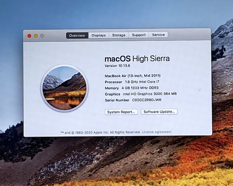 Apple A1369 MacBook Air 2011 13" 1.8Ghz i7 4GB RAM 250GB SSD os10.13.6 969Cycles
