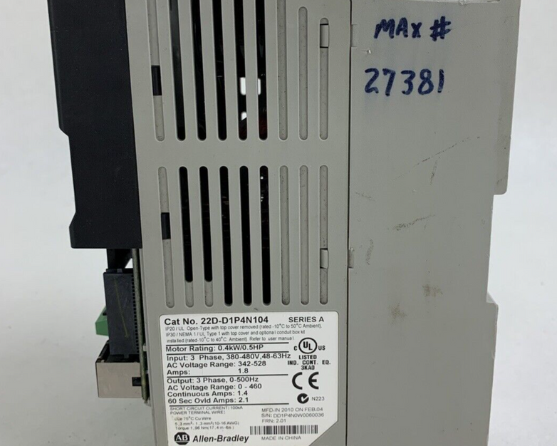 Allen Bradley 22D-D1P4N104 PowerFlex 40P AC Drive 0.4W/0.5 380-480V Untested