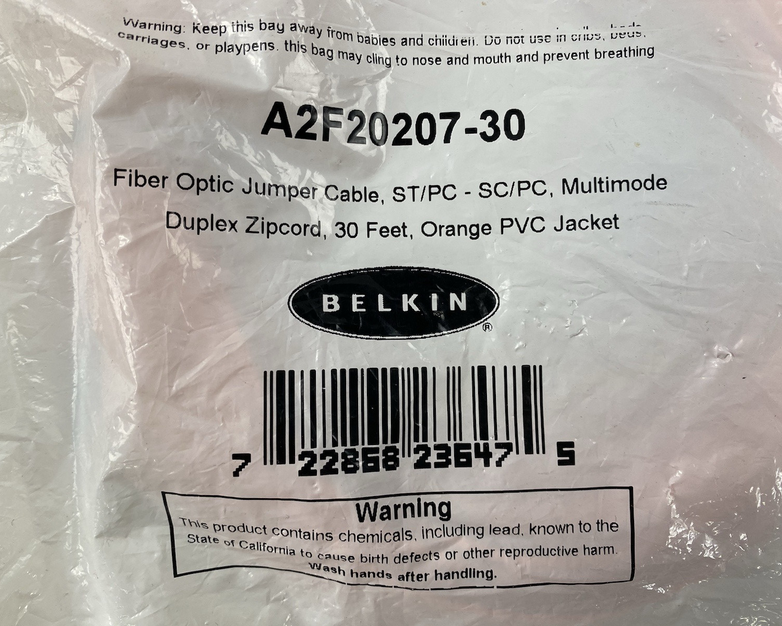 Belkin A2F20207-30 Fiber Optic Jumper Cable 30ft ST to SC Duplex Zipcord Orange