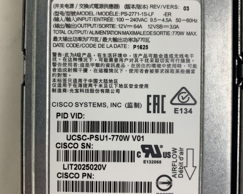 LOT OF 2 Cisco UCSC-PSU1-770W V01 770W Power Supply PS-2771-1S-LF Tested