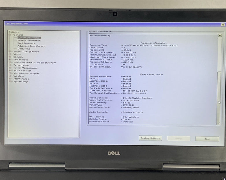Dell Precision 7710 Intel Xeon E3-1505M v5 2.80 GHz 8 GB RAM 17.3" No HDD No OS