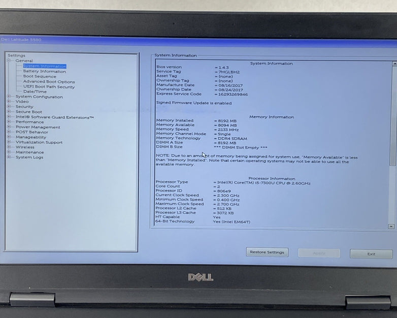 Dell Latitude 5580 Intel Core i5-7300U 2.60 GHz 8 GB RAM 15.6" No HDD No OS