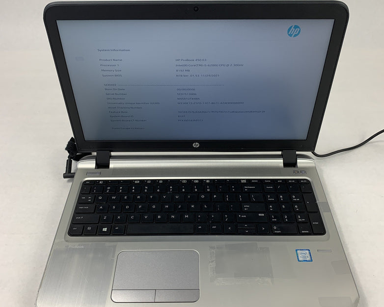 HP Probook 450 G3 Laptop 15.6" i5-6200U 2.3 GHz 8 GB Ram No OS No HDD No AC