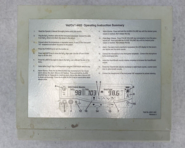 SDI Vet/Ox 4403 Patient Monitor Part No. 92000-001 No Power Supply Untested