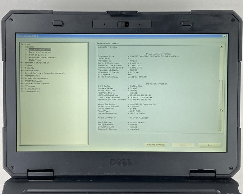 Dell Latitude 14 Rugged 5414 14" i5-6300U 2.4GHz 8GB RAM No Battery No HDD No OS
