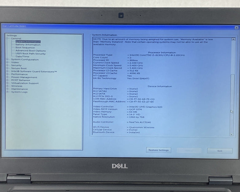 Dell Latitude 5490 Core i3-8130U 2.20 GHz 8 GB RAM 14" No Battery No HDD No OS