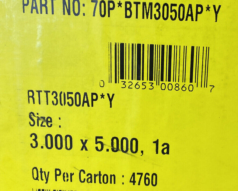4 rolls x 1190 labels Prime TTR 70P*BTM3050AP*Y 3" x 5" thermal printer Yellow