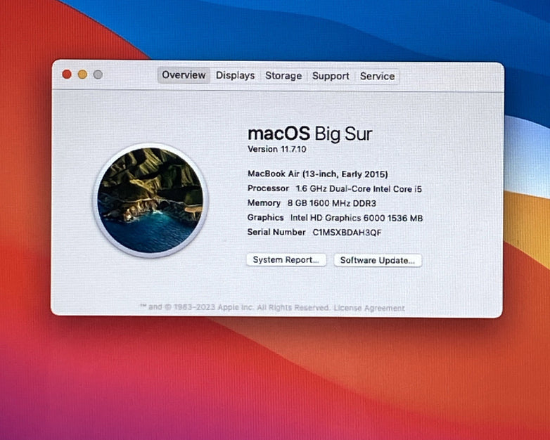 Apple MacBook Air A1466 2015 13" 1.6GHz i5 4GB RAM 256GB SSD os11.7.1 723 Cycles