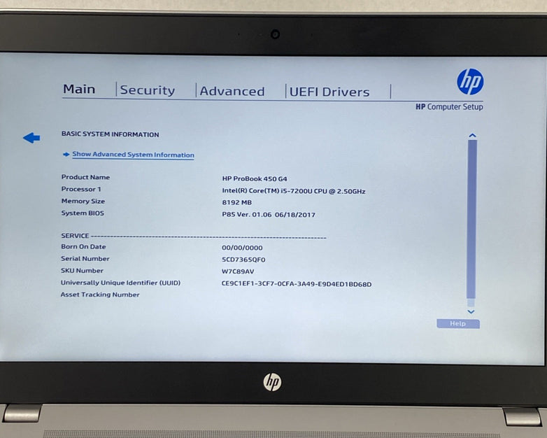 HP ProBook 450 G4 Core i5-7200U 2.50 GHz 8 GB RAM 15.6" No Battery No HDD No OS