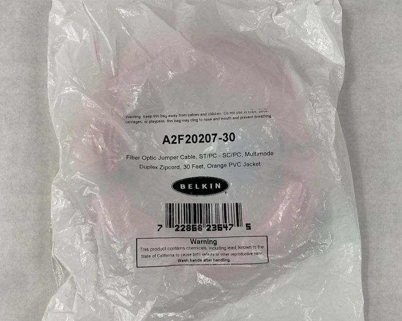 Belkin A2F20207-30 Fiber Optic Jumper Cable 30ft ST to SC Duplex Zipcord Orange