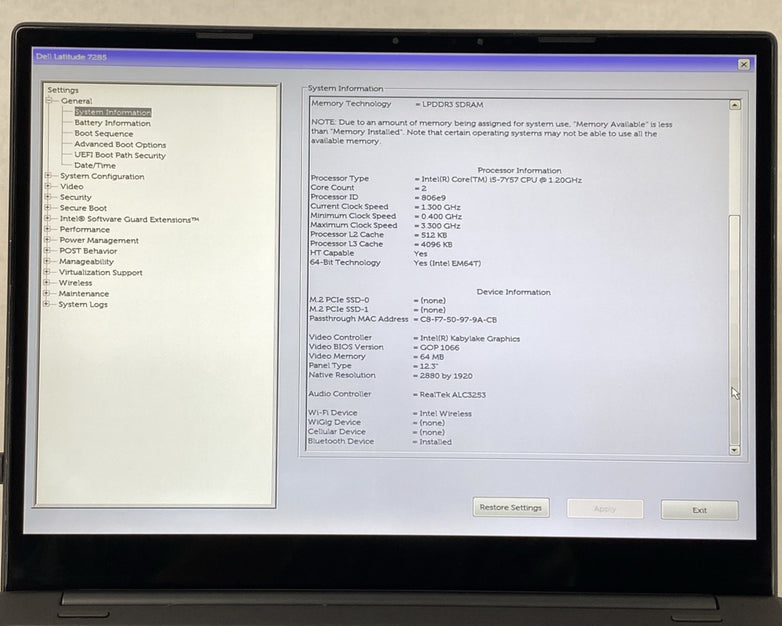 Dell Latitude 7285 12.3" Touch i5-7Y57 1.20 GHz 8 GB RAM No HDD No OS