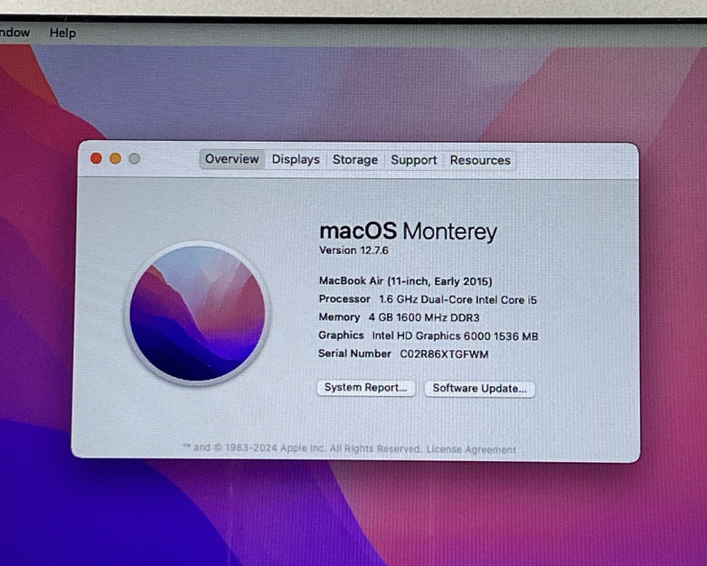 Apple MacBook Air A1465 2015 11" 1.6Ghz i5 4GB RAM 120GB SSD os12.7.6 304 Cycles