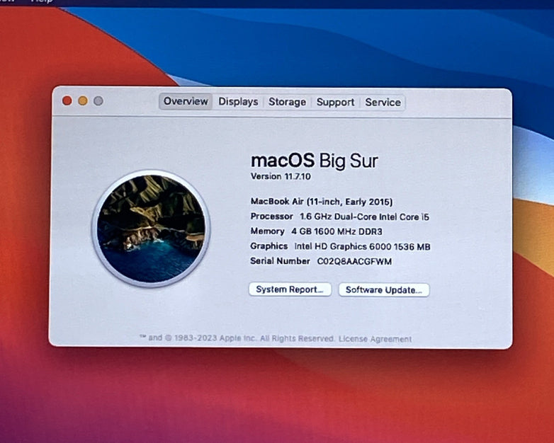 Apple MacBook Air A1465 2015 11" 1.6Ghz i5 4GB RAM 120GB SSD os11.7.1 706 Cycles