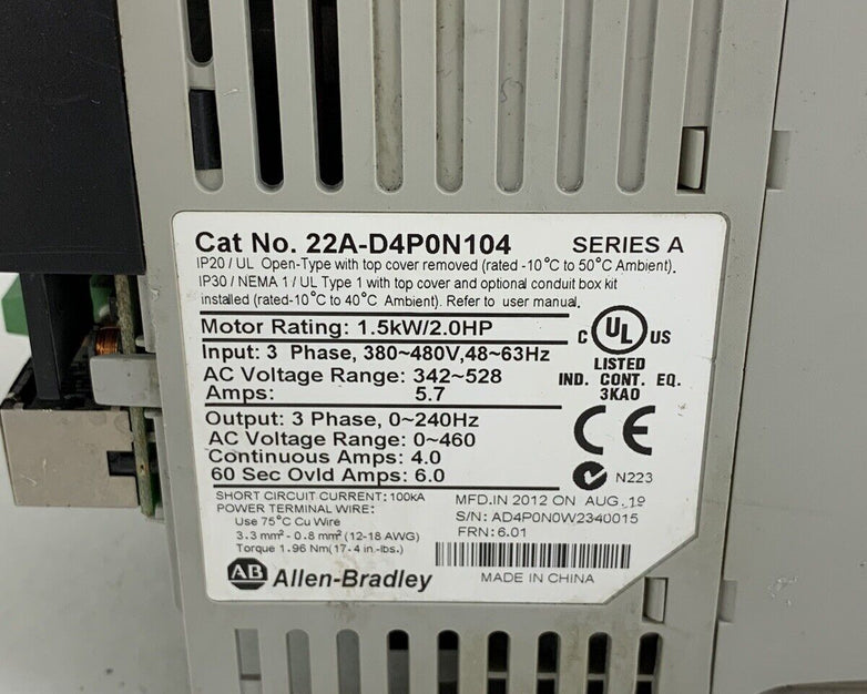 Allen Bradley 22A-D4P0N104 Series A 1.5kW/2.0HP 460V Untested Parts and Repair