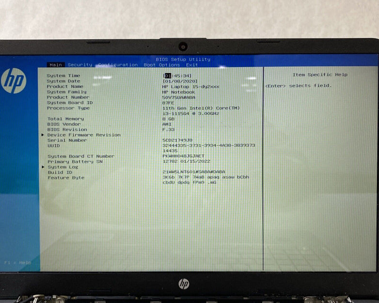 HP Laptop 15-dy2046nr 15.6" Intel Core i3-1115G4 3.0GHz 8GB RAM No AC HDD OS
