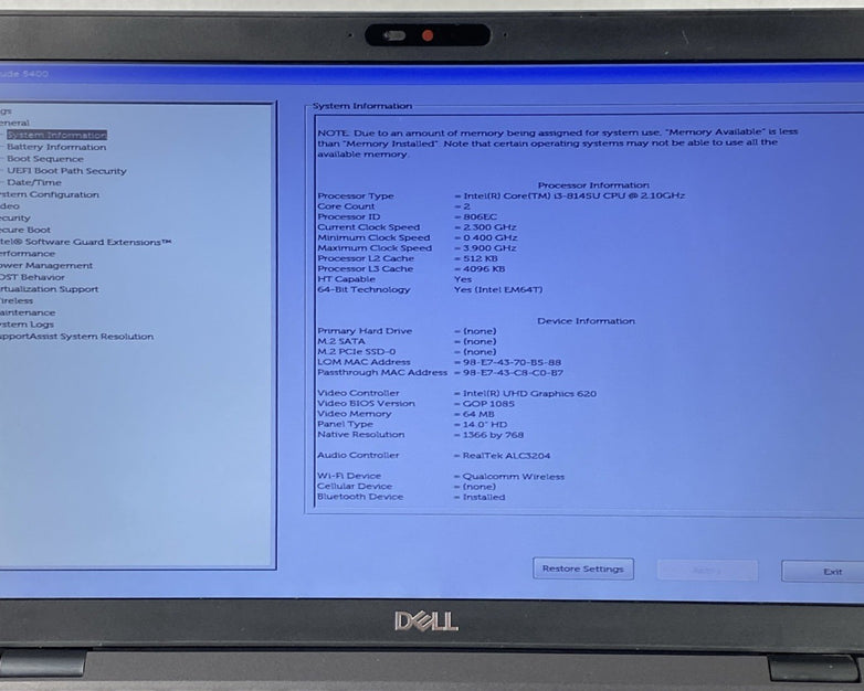 Dell Latitude 5400 Core i3-8145 2.10GHz 8 GB RAM 14" No Battery No HDD No OS