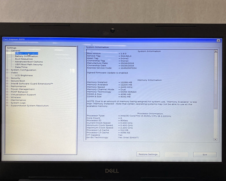 Dell Inspiron 5570 15.6" Intel Core i3-8130U 2.20GHz 12GB RAM No AC No HDD No OS