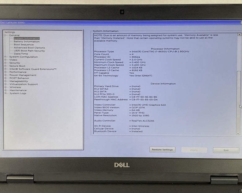 Dell Latitude 5590 Core i7-8650U 1.90 GHz 8GB RAM 15.6" No HDD No OS
