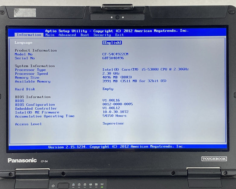 Panasonic Toughbook CF-54 14" Touch i5-5300U 2.3GHz 4GB RAM No Battery No HDD/OS