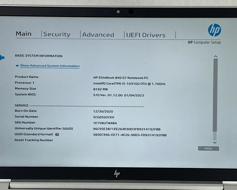 HP EliteBook 840 G7 Core i5-10310U 1.70 GHz 8 GB RAM 14" No Battery No HDD No OS