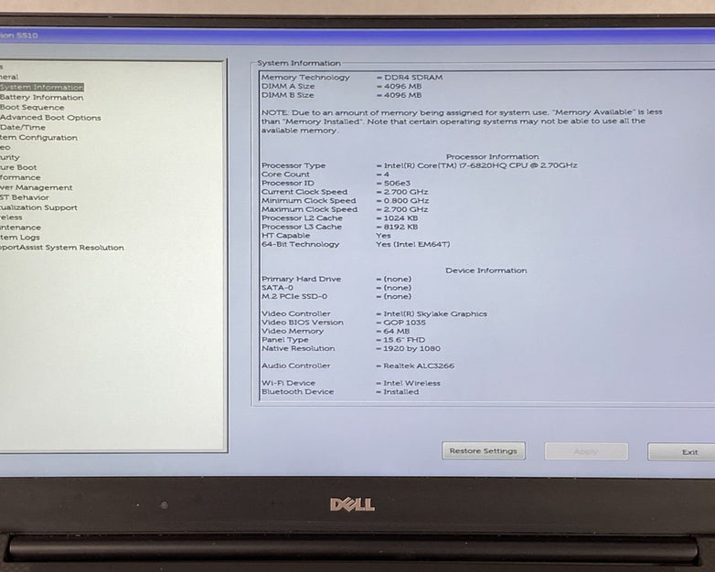 Dell Precision 5510 Intel Core i7-6820HQ 2.7 GHz 8 GB RAM 15.6" No HDD No OS