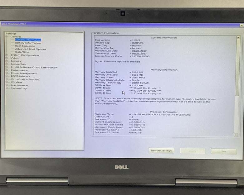 Dell Precision 7710 Intel Xeon E3-1505M v5 2.80 GHz 8 GB RAM 17.3" No HDD No OS