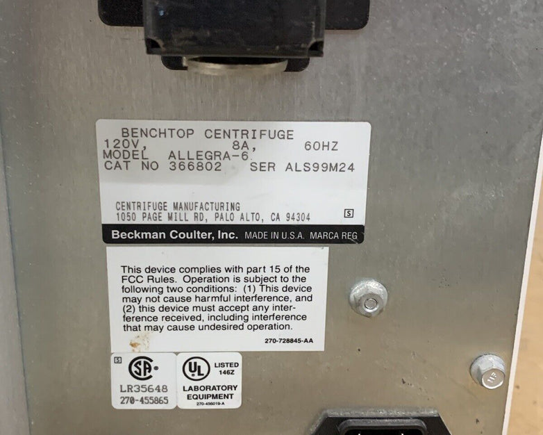 Beckman Allegra 6 Bench Top Centrifuge Tested Bad Timer For Parts and Repair