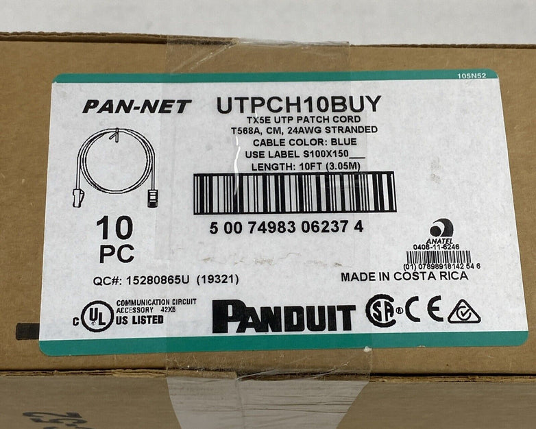 Lot of 10 Panduit UTPCH3YLY 10ft Blue TX5E UTP Patch Cord T568A